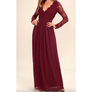 AWAKEN MY LOVE BURGUNDY LONGSLEEVE LACE MAXI DRESS